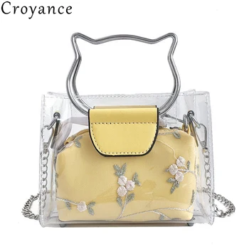 

Croyance Women Handbag 2pc Jelly Transparent Messenger Bag Portable Shoulder Bag Bolsos Mujer Cute Cat Handle Embroidery Purse