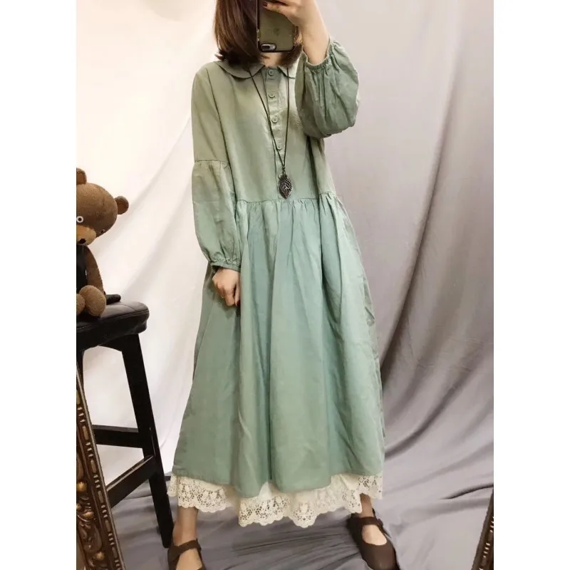 

lace patchwork romantic lacing stitch dress peter pan collar vintage cotton lantern sleeve dress 2020 spring