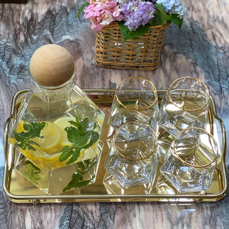 Geometric Hexagonal Water Jug Glass Cup Tray Set Transparent Juice Jar Home  Kitchen Drinking Set Water Bottle Glasses Cups