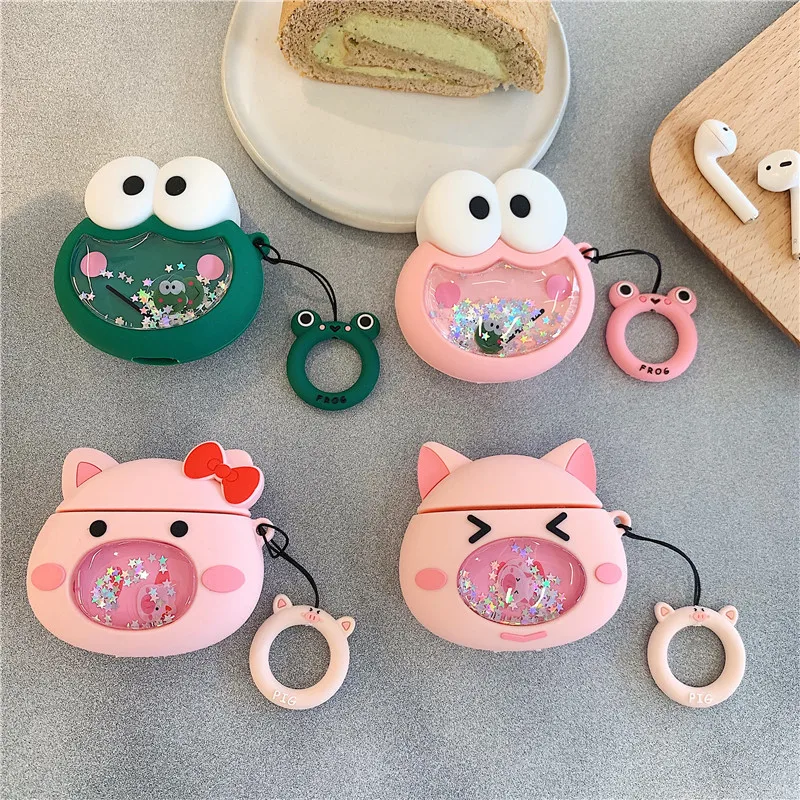 

Dynamic Quicksand Silicone Case Cute Frog and Pig Earphone Case Cover for AirPods 1 2 Bluetooth Headset Charging Box with Straps