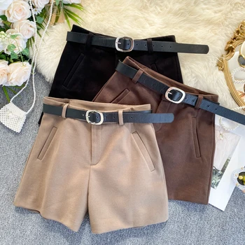 

Foamlina 2019 New Autumn Winter Woolen Shorts Women High Waist with Belt Pockets Wide Leg Casual Short Trousers Pants Shorts