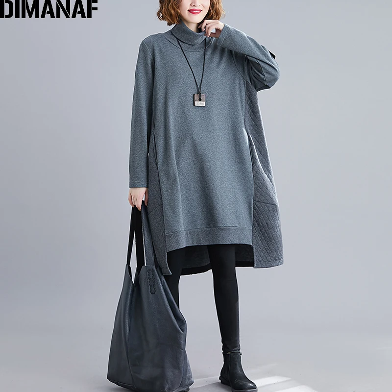 Ceny DIMANAF Winter Oversize damskie swetry topy damskie jednolite bluzy z kapturem bluzy bawełniane z golfem luźne Plus Size odzież damska nowe