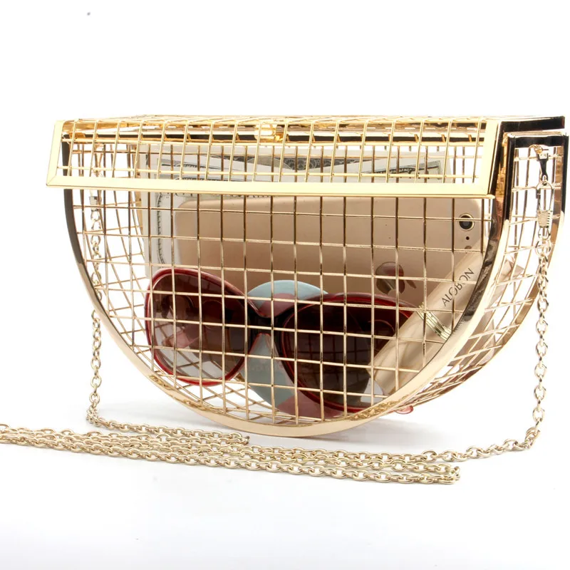 

New Metal Semi Round Bare Air Dinner Bag One Shoulder Slant Chain Dinner Bag Mini Cage Bag Dress Evening Bags