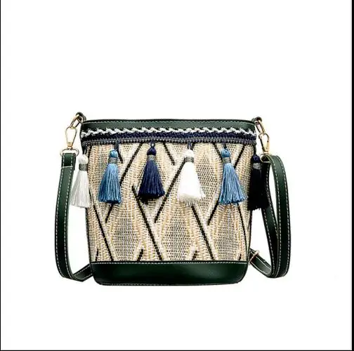 Новая женская сумка Boho винтажная клетчатая застежка-молния откидная часть с кисточкой сумка через плечо модная - Цвет: Зеленый