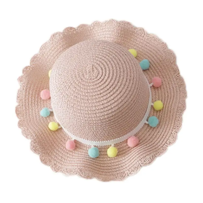 Kids Girls Large Wide Brim Straw Woven Sun Protection Beach Hat Colorful Pompom Ball Summer Floppy Bucket Cap Portable Handbag - Цвет: A