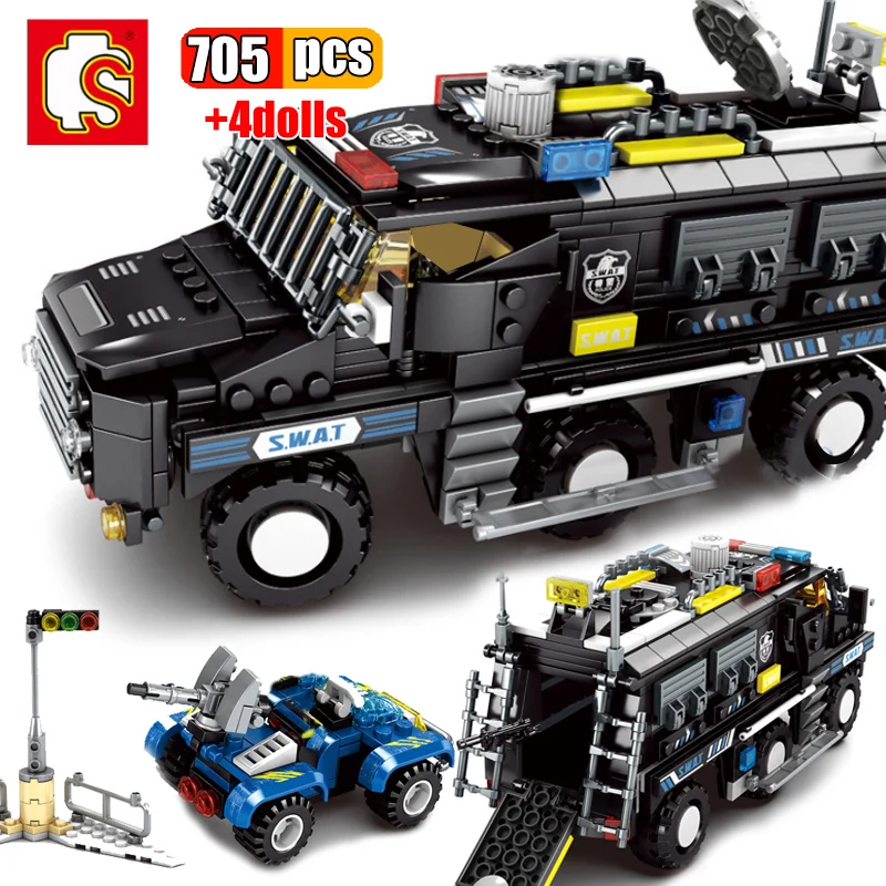 

SEMBO 705Pcs Modern Science High-Tech Explosion-Proof Armored Vehicle Building Blocks SWAT Police Assault Car Bricks Boys Toys