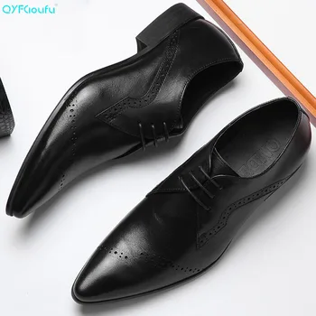 

QYFCIOUFU Quality Genuine Leather Men's Handmade Oxfords Formal Dress Pointed Toe Male Wedding Flats Luxury Formal Men Shoe