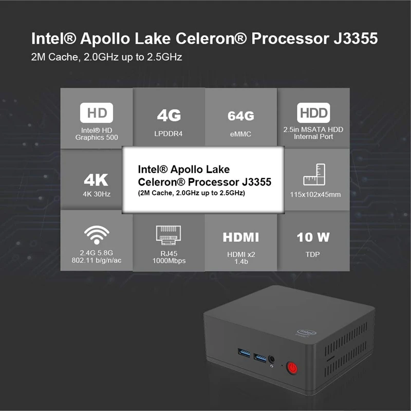 AP35 мини ПК настольный Windows 10 мультимедийный офисный компьютер 4 Гб ОЗУ Lpddr4 64 Гб Emmc Intel Apollo Lake Celeron процессор J3355 Du
