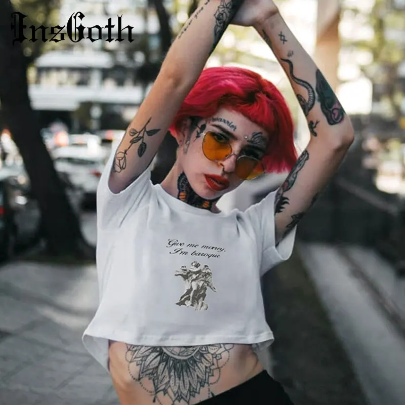 

InsGoth Women Crop Top Streetwear Hip Hop Punk White T-shirt Gothic Harajuku Printed Cotton Loose Streetwear Female Top