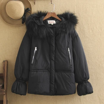 

2019 Winter New Large Size Women's Fur Collar Cotton Short Short Fat mm Loose Hooded Puff Sleeves Down Warm Padded Jacket