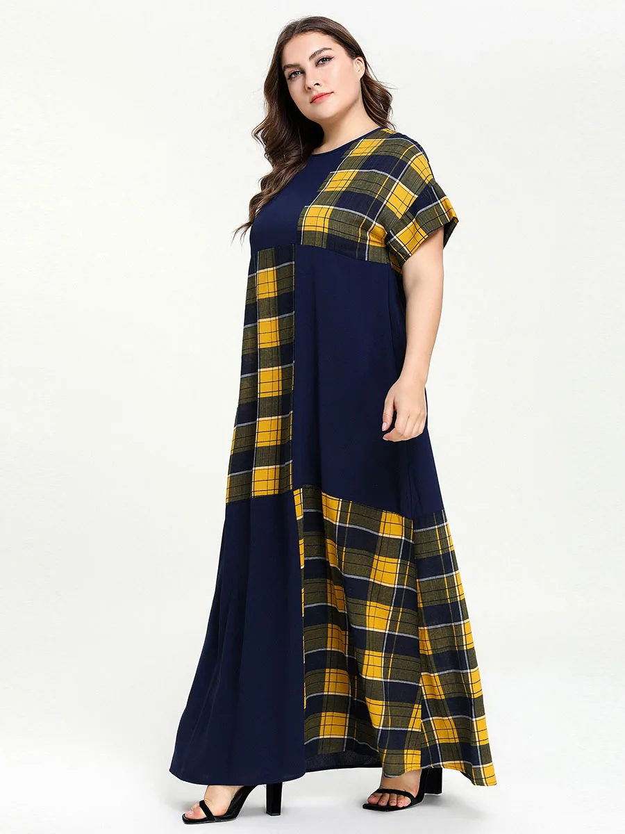 Plaid Contrast Color Elegant Dress Women Summer O Neck Short Sleeve Maxi Long Dress Plus Size Ladies Tunic Abayas Muslim Dresses