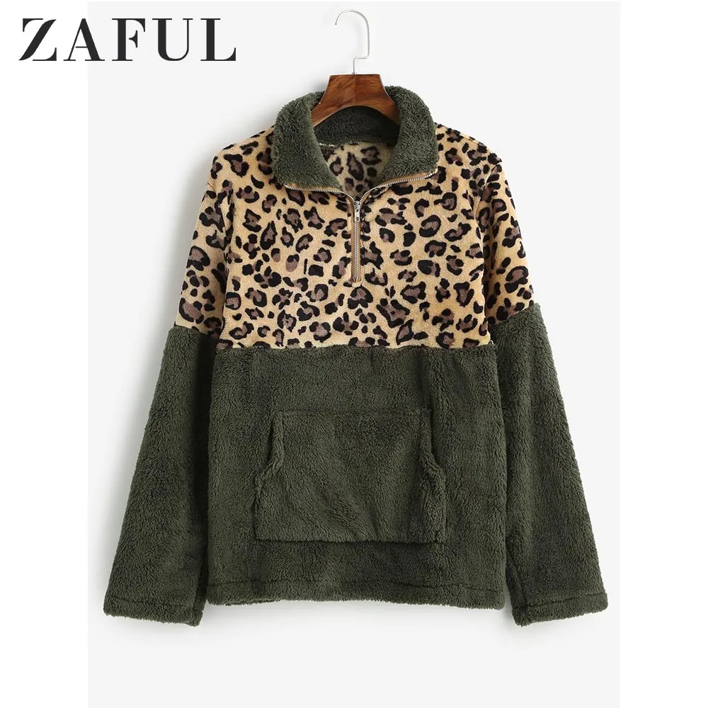 ZAFUL Леопардовый принт кенгуру карман искусственный свитер с мехом для женщин молния передний карман с длинным рукавом толстовки Лоскутная уличная зимняя
