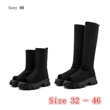 

Summer Shoes Gladiator Sandals Flat Platform Women Knee High Boots Stretch Fabric Woman Thigh High Boots Small Plus Size 32 - 46