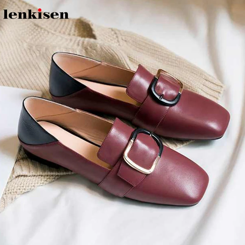 

Lenkisen genuine leather convenient gentle square toe low heels mixed colors buckle straps slip on beauty autumn women shoes L82