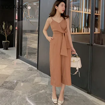 

Spring Summer V-neck Spaghetti Sleeveless Wide Leg Jumpsuit Romper Women Lace Up Slim Overalls 2020 Ruffles Female Stripe Romper