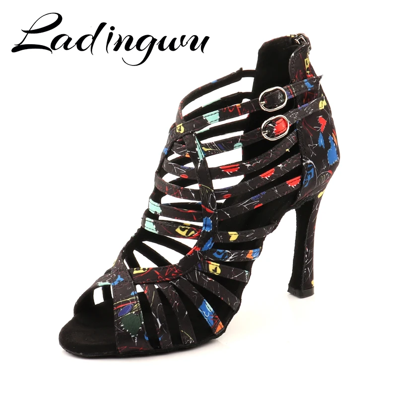 Ladingwu New Modern Floral Satin Salsa Dance Boots Woman Girls Simple Style Latin Dance Shoes Soft Bottom Ballroom Shoes
