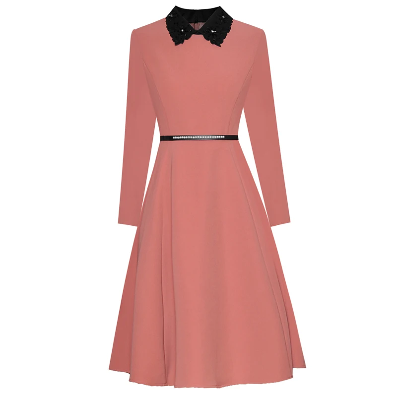SEQINYY Office Lady Dress 2020 Autumn Winter New Fashion Design Women Embroidery Flowers Beading Pearl Belt A-line XXL