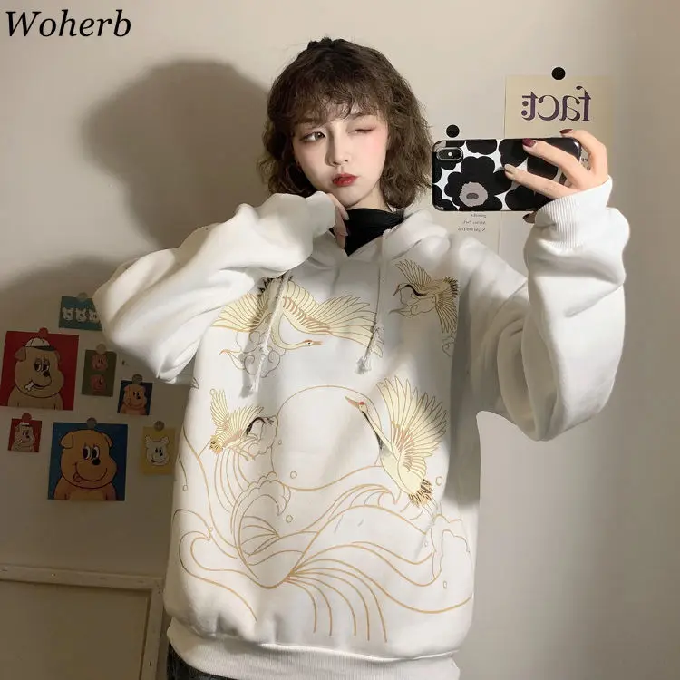 Woherb/корейские толстовки с капюшоном с длинным рукавом в стиле Харадзюку с принтом Журавля, Свободная Женская толстовка, большие размеры, повседневные топы, модная новинка 91439
