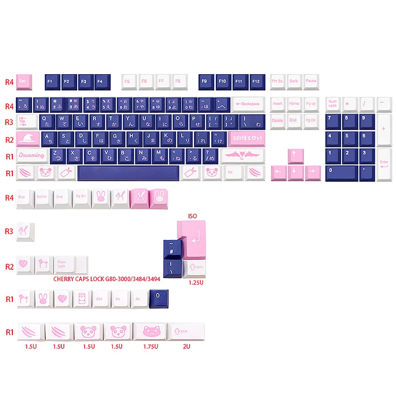

Japanese Cartoon GMK Rabbit Panda Keycap PBT Cherry Profile 134 Five Sided Sublimation For Mechanical Keyboard Adaptation
