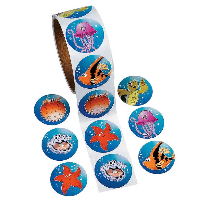 One Roll Creative Adhesive Tape 100pcs Cartoon Ocean Fishes Sticker For Kids Great Gift Colorful Stationery Sticker Toy