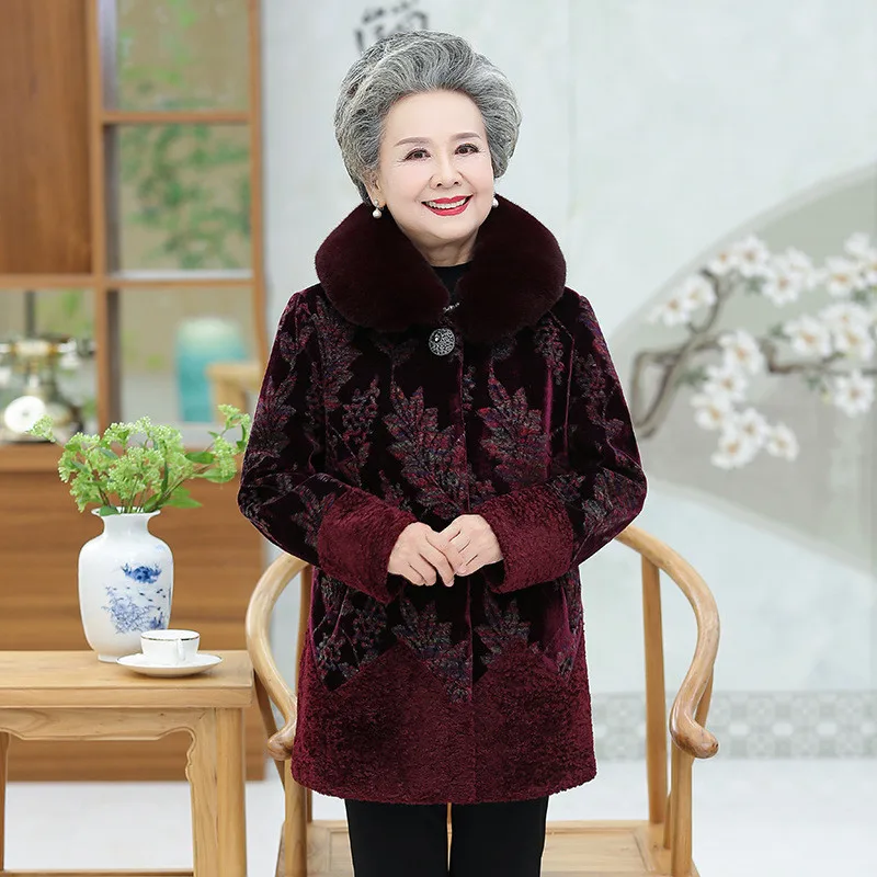 Зимняя куртка для пожилых женщин, пальто размера плюс 5XL, теплая верхняя одежда для пожилых людей, однобортное утепленное меховое пальто для стрижки овец W1573