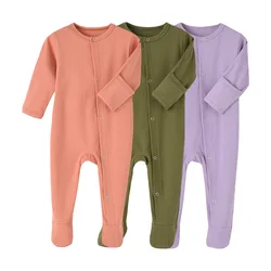 Barboteuse à pieds de couleur unie pour bébé, combinaison à manches longues en coton pour nouveau né, garçon et fille, vêtements de printemps 
