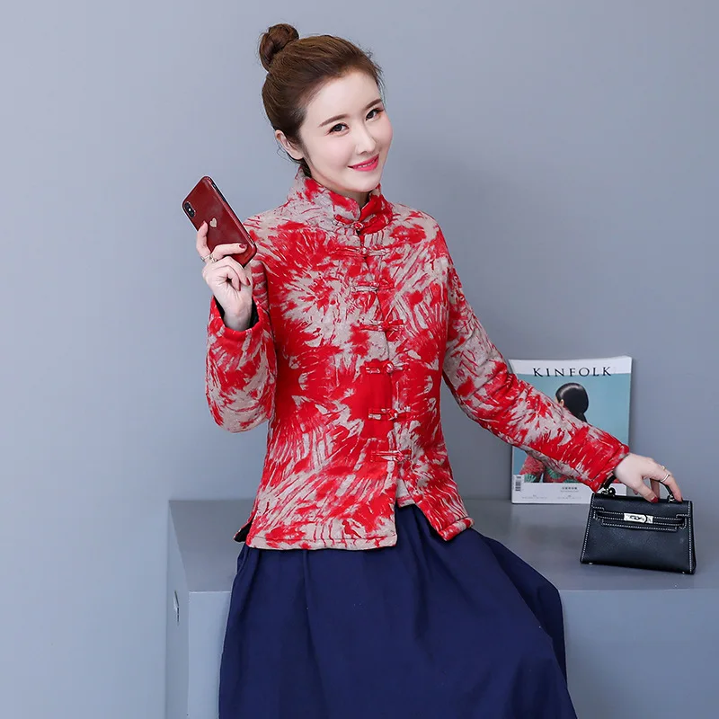 

Autumn And Winter Retro National Wind 2019 Printed Stand Collar Long Sleeve Short Cotton Linen Printed Cotton-padded Clothes Fro