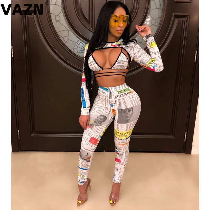 VAZN FM1197 новые необычные выдалбливают Открытый Сексуальный Модный Крест повязки письмо полный рукав женские длинные брючные комбинезоны