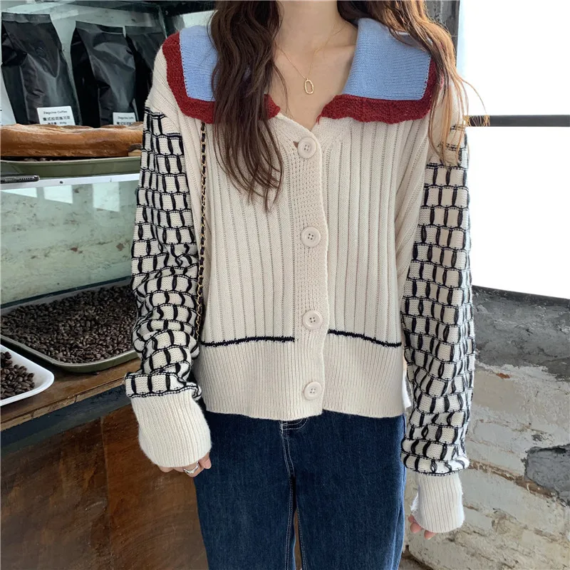 RUGOD new winter sweater cardigans for women turn down collar hollow out patchwork long sleeve knitted coat fashion femme