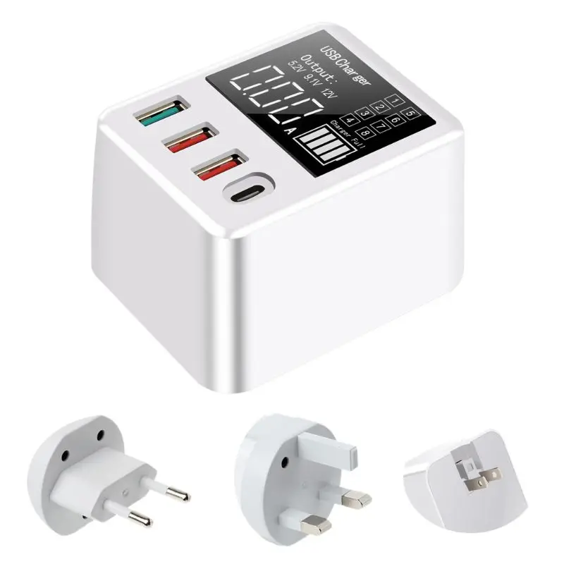 4 Ports USB QC3.0 Charger Hub Fast Charging Dock Stand with LED Display Screen for Cellphone Smartphone Tablet EU US UK Plug