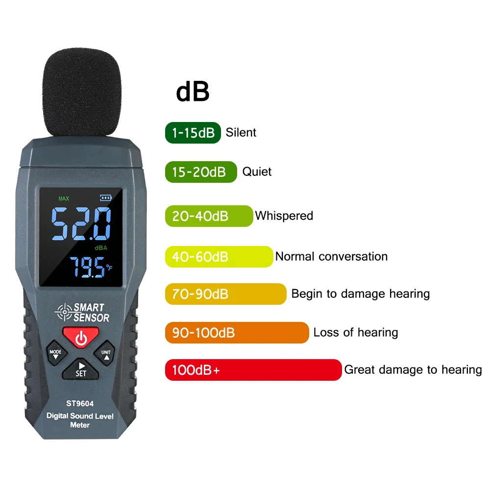 zoo Interpersonal Evento Sonómetro Digital con SENSOR inteligente, medidor de nivel de sonido, 30  130 dB, decibelios, retroiluminación LCD, función de termómetro|Medidores  de niveles acústicos| - AliExpress