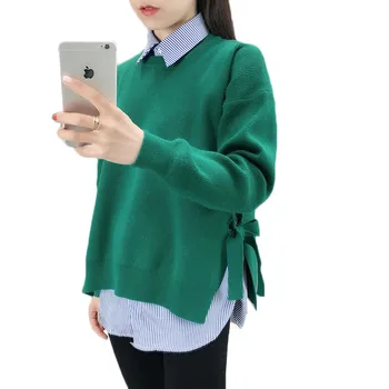 

Spring Autumn Clothes Women Sleeveless Striped Shirt and Long-sleeved Knitted Sweater Pullover Two-piece Large Size Female Tops