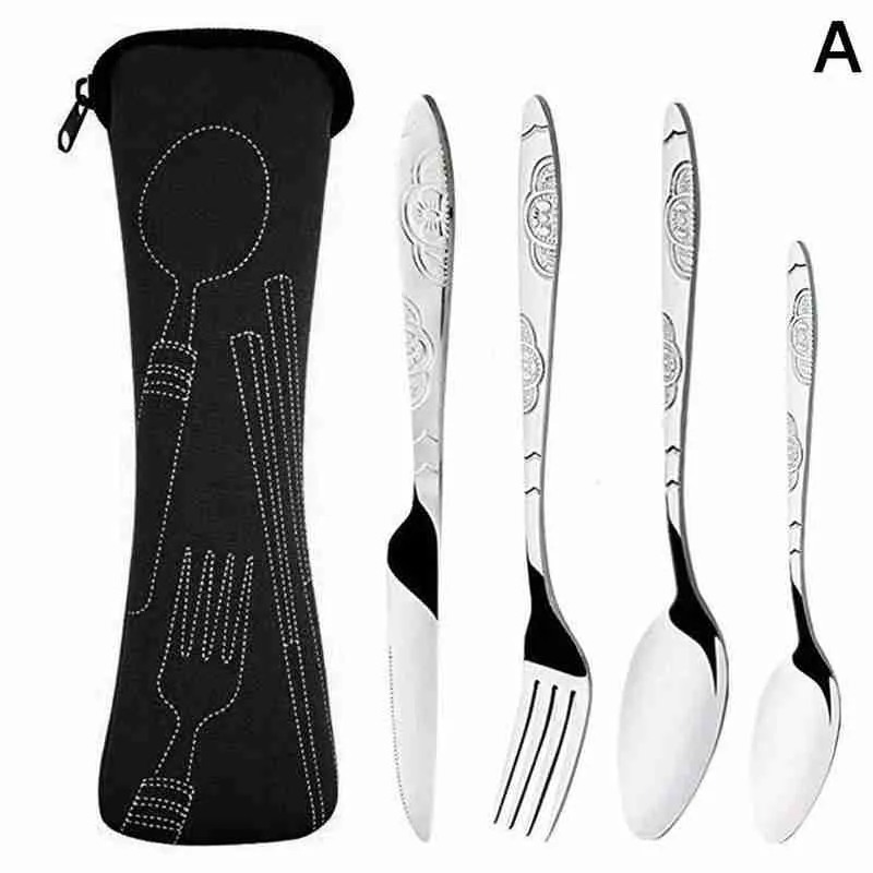 4pcs Steel Knifes Fork Spoon Family Travel Camping Cutlery Eyefuldiving Bag Picnic Steak Steel Cutlery Set