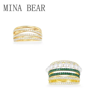 

MINABEAR 925 silver white green zircon multi-circle ring and pearl ladies 6 layers ring Mona jewelry