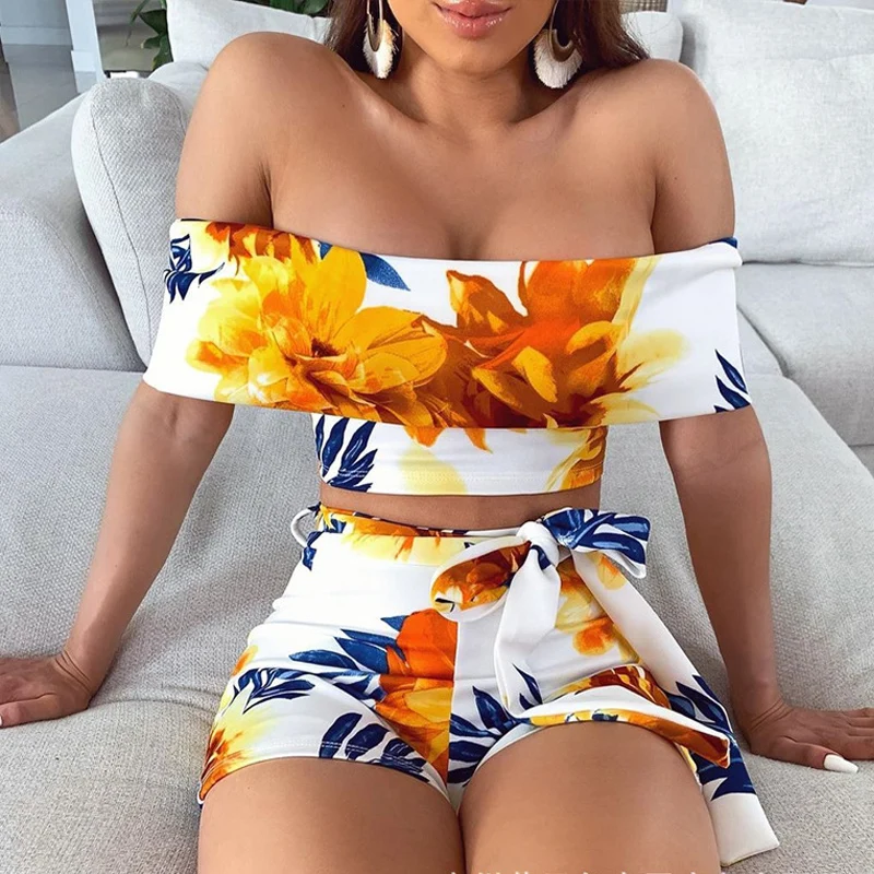 Floral Two Piece Shorts Suit Women Sexy Top Summer Suit White Shorts Women SuitWomen's Sets