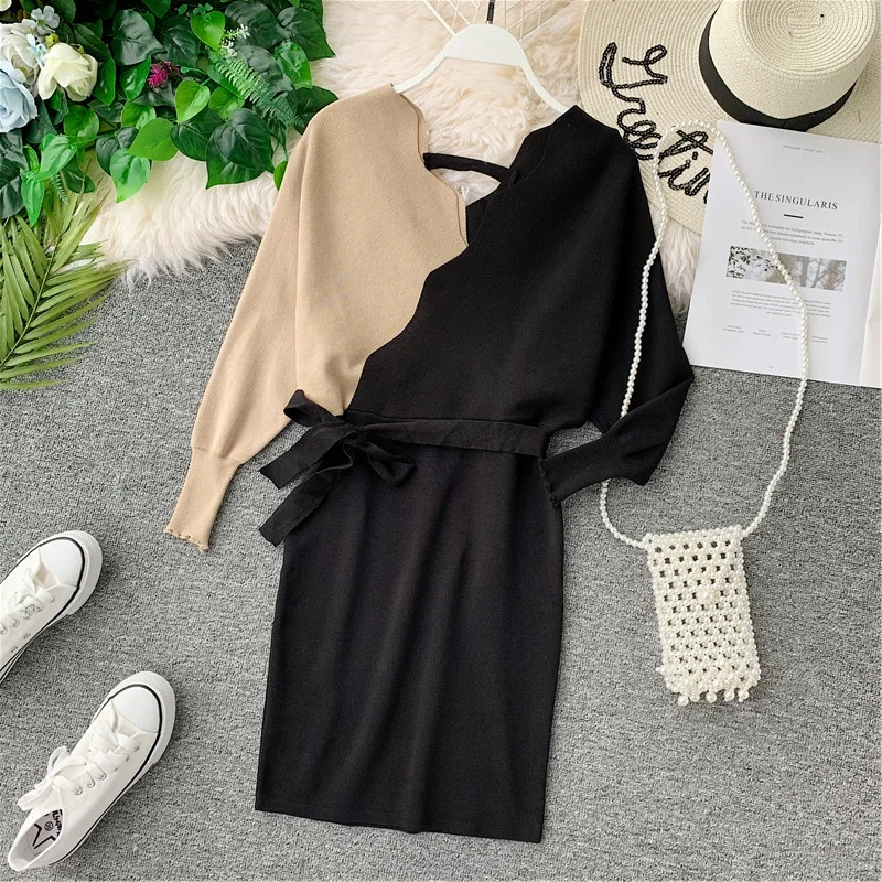 

2019 Fall Women Knitted V-Neck Loose Stitching Color One-step Dress Female Long Sleeves Trim Knee-length Skinny Office Dress