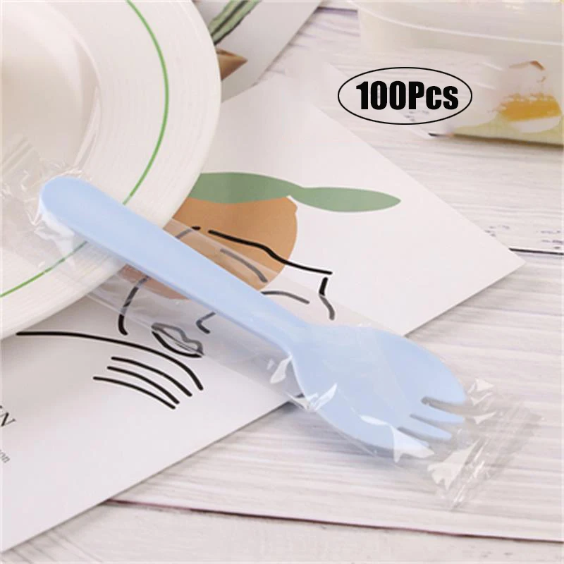 Disposable Dessert Spoons Biodegradable Cutlery Spoon 50/100pcs Disposable Plastic Spoon Forks Cake Ice Cream Salad Fruit Dessert