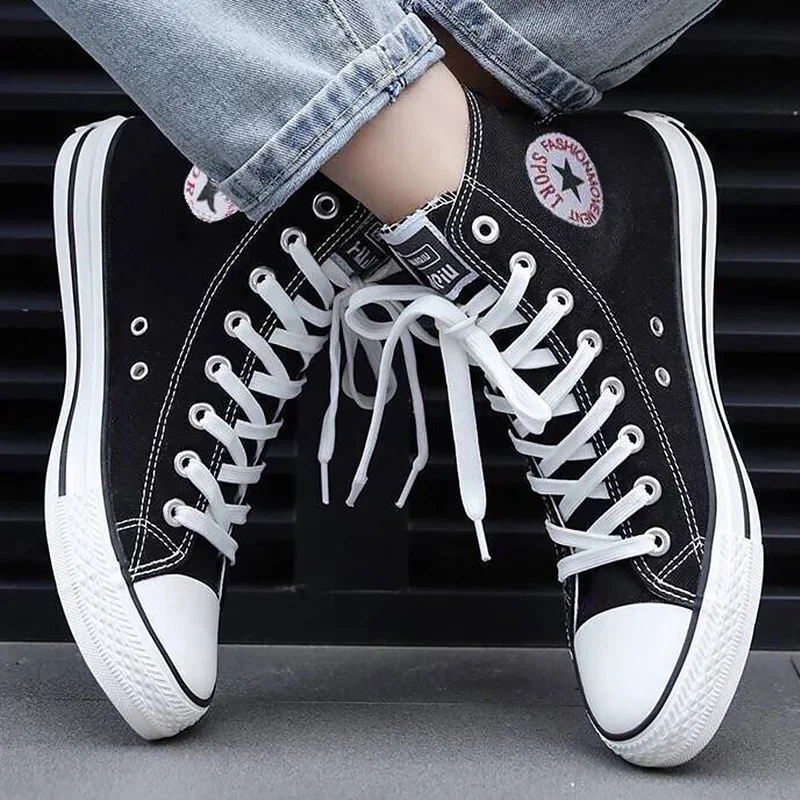 

Spring and autumn high top canvas shoes female students new black sneakers sneakers comfortable lightweight flat shoes women