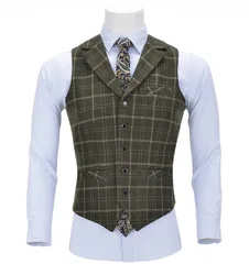 Men's Vests Tweed Mens Business Plaid Wool Army Green Vest Slim Fit Single-breasted Cotton Suit Waistcoat For Wedding Groomsmen