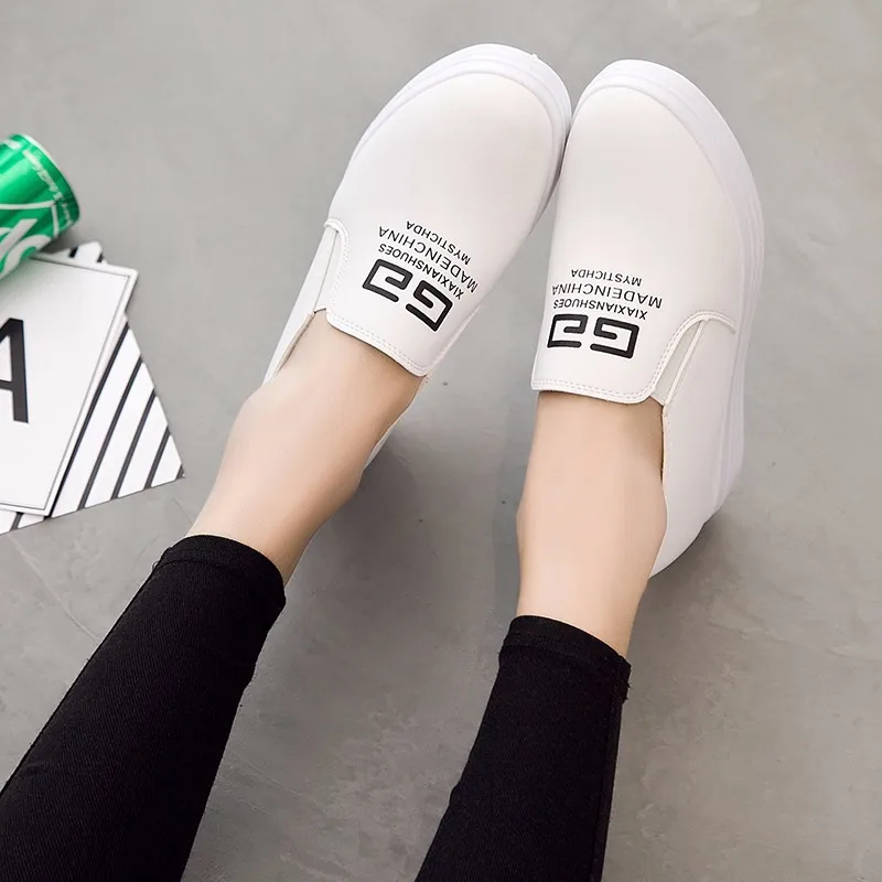 

White Shoes Women's Elevator WOMEN'S Shoes 2019 Spring New Style Korean-style Versatile Slip-on Slanted Heel Casual Shoes Athlet