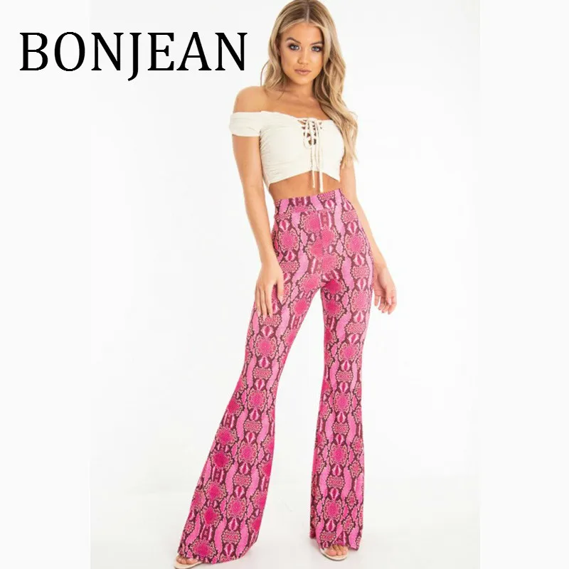 Bonjean 2019 осенняя одежда длинные зеленые брюки с принтом красные брюки для женщин эластичная талия свободные брюки свободные расклешенные
