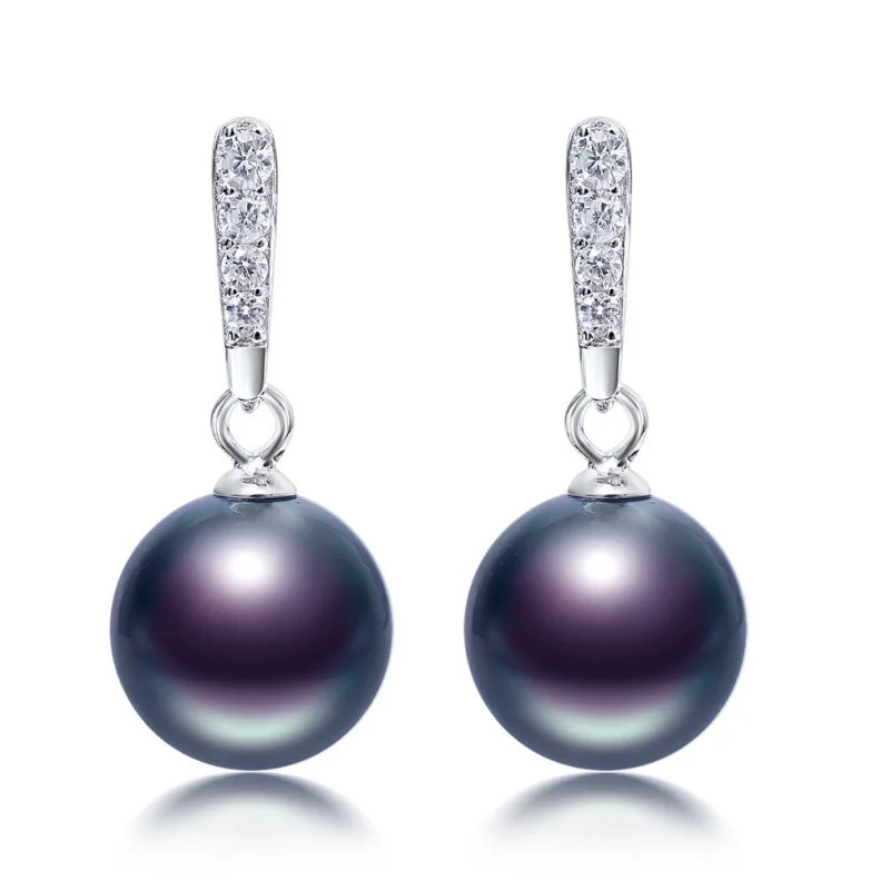 

RENESSA 9-10mm Round Black Tahiti Pearl Earrings 925 Sterling Silver Earring Simple Style Pearl Jewelry For Gift