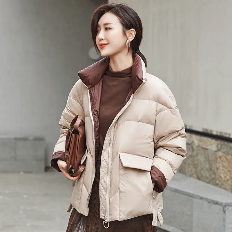 

Zoulv New Down Jacket Women Short 2020 New Korean Style Stand-up Collar Contrast Color Bread Jacket White Duck Down Jacket