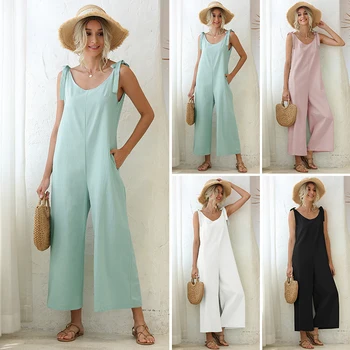 

Jumpsuit for women Summer Tied Loose Straight Tube Solid Color Jumpsuit