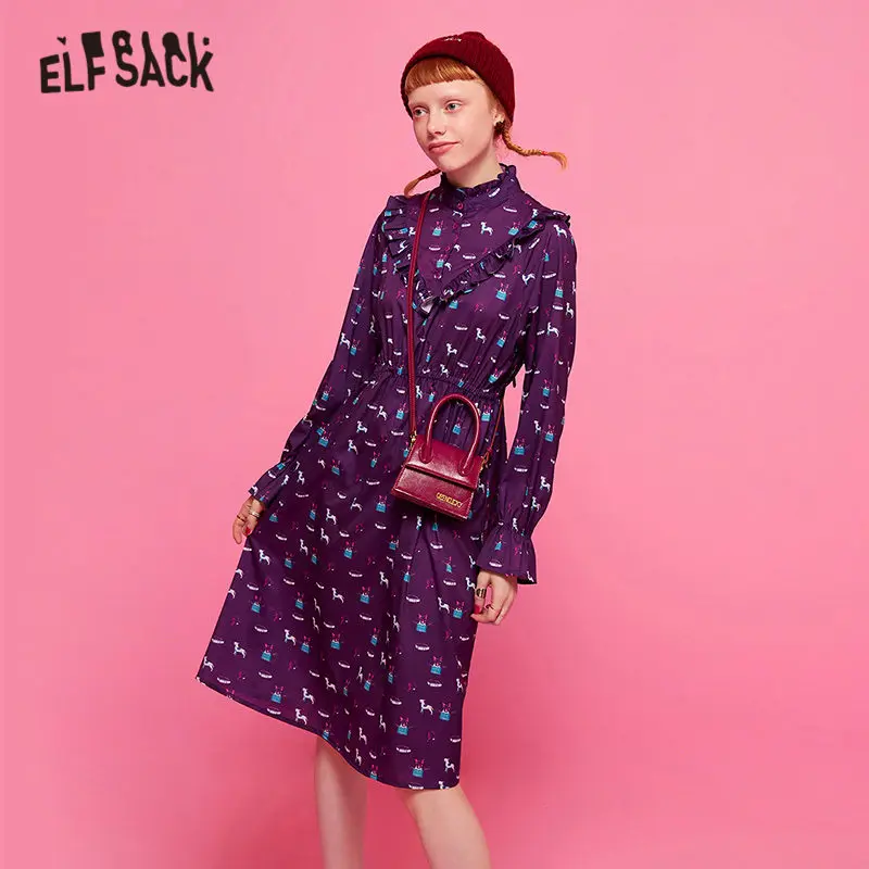 ELFSACK шифоновое платье с мультяшным принтом и оборками для женщин осеннее однобортное длинное офисное Повседневное платье с рукавом-бабочкой для девушек