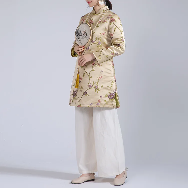 

Zeho Hall 2019 Autumn & Winter New Style Yellow Green Real Silk Embroidery Mid-length Cotton-padded Jacket Improved Cheongsam Sh