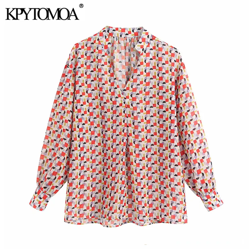 

KPYTOMOA Women 2020 Fashion Geometric Print Blouses Vintage V Neck Long Sleeve See Through Female Shirts Blusas Chic Tops