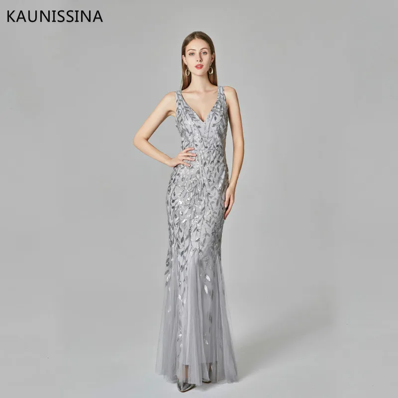 

KAUNISSINA Long Evening Dress Celebrity Robe Women Maxi Sexy Sequined Mesh Straghetti Strap Floor Length Party Gown Dresses
