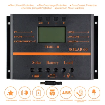 

SOLAR60 Multi-Protection Intelligent LCD Screen Solar Charge Controller 12V/24V 60A Circuit Protection Durable ABS Case
