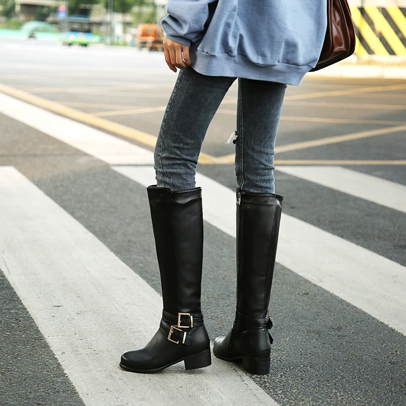 Smirnova hot sale big size 47 winter riding boots women round toe buckle zip low heels casual shoes women knee high boots